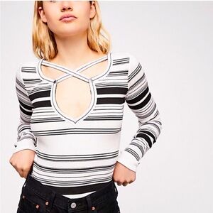 Free People Black White Striped Crossover KeyHole Unique Top Long Sleeve Vintage